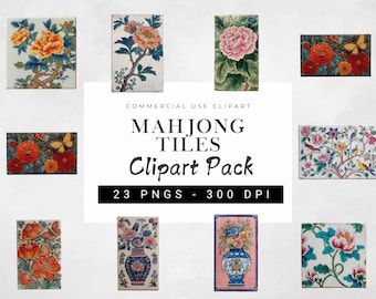 May include: A collection of decorative Mahjong tiles with floral and botanical designs. The tiles feature vibrant colors, including orange, pink, and blue, with detailed illustrations of flowers, butterflies, and vases. The text "Mahjong Tiles Clipart Pack" is also visible.