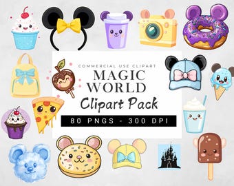 May include: A collection of whimsical clipart featuring various food items, accessories, and a castle, all with a cartoonish aesthetic. Includes a cupcake, a donut, a camera, and a backpack. The text "MAGIC WORLD Clipart Pack" is also present.