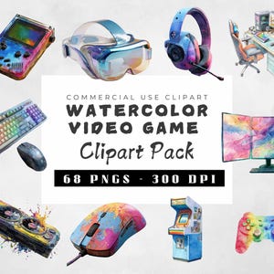 Watercolor Video Game Clipart Bundle, Arcade Gaming PNGs, Gamer Clip Art for Crafts & Design, Transparent Background, Commercial Use