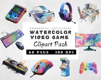 Watercolor Video Game Clipart Bundle, Arcade Gaming PNGs, Gamer Clip Art for Crafts & Design, Transparent Background, Commercial Use