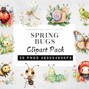May include: A collection of watercolour clipart images of spring bugs, such as a ladybug, dragonfly, snail, grasshopper, butterfly, bee, ant, and caterpillar. Each bug is surrounded by flowers, with the text "SPRING BUGS Clipart Pack".