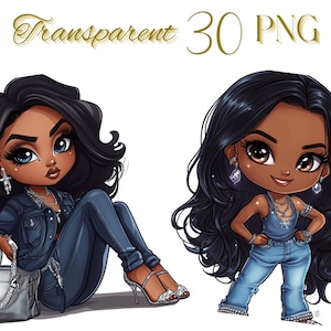Chibi Girl Clipart, stilvolle schwarze Mädchen-Grafik-Bundle, schöne Afro-Girl-Clipart-Sammlung, Denim-Mädchen PNG, süße und trendige Designs