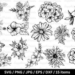 Floral Arrangement Svg, Flower Bouquet Svg Bundle, Wildflower Svg, Floral Svg, Wedding Svg, Floral Border Svg, Daisy Svg, Floral Clipart