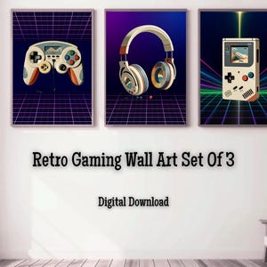 May include: A set of three wall art prints featuring a game controller, headphones, and a handheld gaming console against a purple grid background. The text Retro Gaming Wall Art Set Of 3 and Digital Download is displayed below the prints.