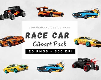 Può includere: Una collezione di immagini clipart di auto da corsa. Le immagini includono vari design di auto in colori vivaci, come arancione, giallo e blu, con fiamme e altri elementi grafici. È incluso anche il testo "Race Car Clipart Pack".