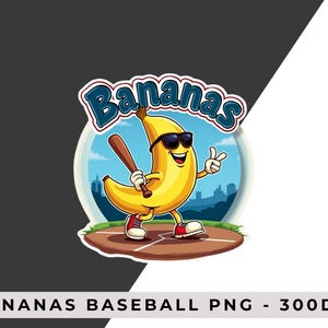 Drôle banane jouer au baseball PNG, aller bananes Baseball Clipart, téléchargement numérique sur le thème du baseball, conception de mascotte de sport mignon