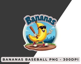 Divertido plátano de béisbol PNG / Clip art de béisbol "Go Bananas" / Mascota deportiva linda PNG / Jugador de béisbol plátano / Descarga digital