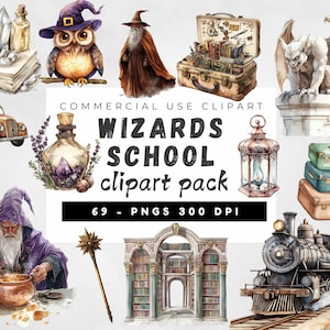 Wizards School Watercolor Clipart Bundle, Magic School Clipart, Witch and Wizard Png, Watercolor Fantasy Clipart, School Theme clipart