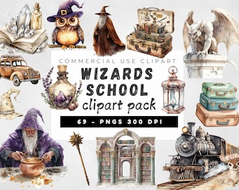 Wizards School Watercolor Clipart Bundle, Magic School Clipart, Witch and Wizard Png, Watercolor Fantasy Clipart, School Theme clipart
