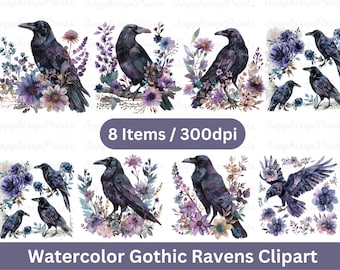 Watercolor Gothic Ravens Clipart, Dark Fantasy Watercolor Witch PNG Format, Black Raven Png, Gothic Bird Png, Transparent Background