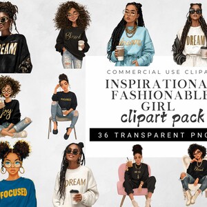 Black Girl Motivation Clipart Bundle | Afro Girl Fashion Graphics | Inspirational Denim Girl Illustrations | Stylish PNG Set