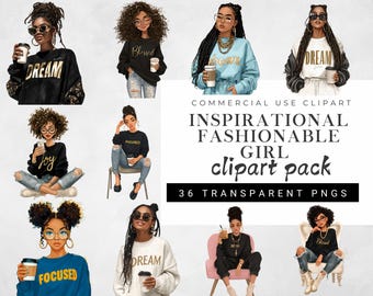 Black Girl Motivation Clipart Bundle | Afro Girl Fashion Graphics | Inspirational Denim Girl Illustrations | Stylish PNG Set