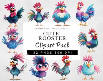 Funny Rooster & Chick Clipart Bundle | Watercolor Farm Animal PNG | Cute Baby Chicken | Sublimation Graphics