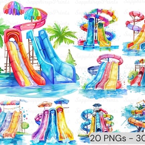 Pacote de clipart de toboágua de aquarela, toboágua de aquarela PNG, festa de evento em parque aquático, festa de respingos de água, clipart de aniversário ao ar livre