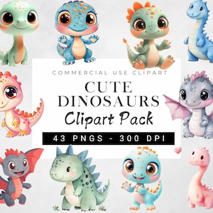 Watercolor Baby Dinosaur Clipart Bundle, Dinosaur Birthday Clipart, Cartoon Dinosaur Clipart, Cute Dino Illustrations for Nursery and Decor