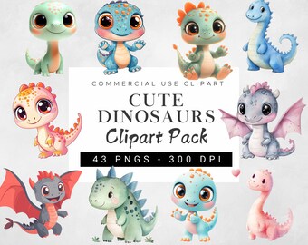 Watercolor Baby Dinosaur Clipart Bundle, Dinosaur Birthday Clipart, Cartoon Dinosaur Clipart, Cute Dino Illustrations for Nursery and Decor