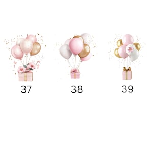 May include: Three illustrations of pink and gold balloons tied to a pink gift box with a bow. The balloons are floating in the air with confetti around them.
