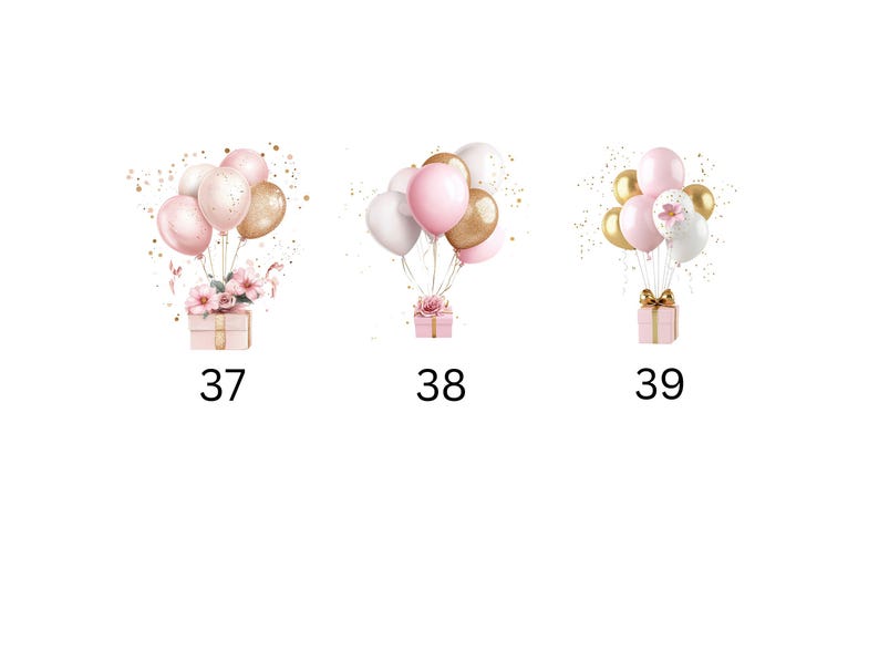 May include: Three illustrations of pink and gold balloons tied to a pink gift box with a bow. The balloons are floating in the air with confetti around them.
