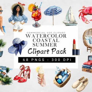 Aquarel kust zomer clipartbundel, mediterrane strand reizen png's, nautische digitale stickers, ongewenste dagboek en plakboekelementen