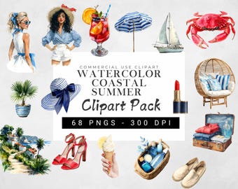 Watercolor Coastal Summer Clipart Bundle, Mediterranean Beach Travel PNGs, Nautical Digital Stickers, Junk Journal & Scrapbook Elements