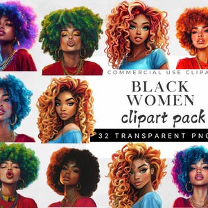 Pakiet Afrocentric Clip Art, Ilustracje PNG Czarnych Kobiet, Stylowa Afro Kobieta Clip Art, Elegancki Czarny Kobieta PNG Pakiet, Rękodzieło Papierowe