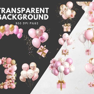 May include: A collection of pink and gold balloons with glitter and flowers. The balloons are arranged in various shapes, including a wreath, a bouquet, and a cluster. The balloons are perfect for a birthday party, wedding, or other special occasion.
