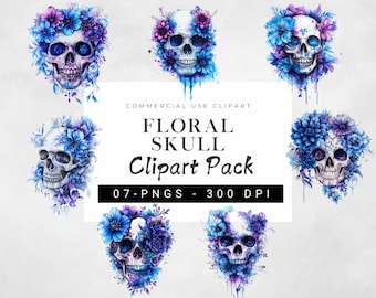 Paquete PNG de calaveras florales, imágenes prediseñadas de sublimación de calaveras florales, imágenes prediseñadas de calaveras góticas, imágenes prediseñadas de calaveras florales de acuarela, imágenes prediseñadas de calaveras florales