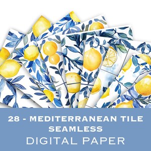 May include: A set of 28 digital papers featuring a seamless pattern of blue and white tiles with yellow lemons and green leaves. The papers are perfect for crafting, scrapbooking, and other creative projects.