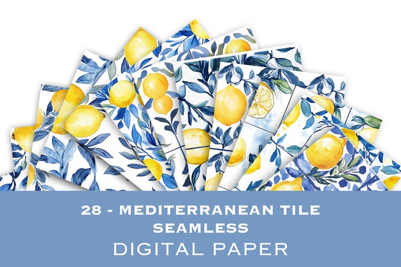 May include: A set of 28 digital papers featuring a seamless pattern of blue and white tiles with yellow lemons and green leaves. The papers are perfect for crafting, scrapbooking, and other creative projects.