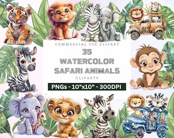 Watercolor Safari Animals Clipart, Safari Clipart, Jungle Animals PNG, Lion, Zebra, Elephant Safari PNG, Jungle Birthday Decor, Safari Jeep