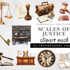 Ensemble de cliparts aquarelle symbole de la justice, ensemble de cliparts aquarelle sur le thème juridique - Balance, marteau et éléments de la salle d'audience - PNG transparents