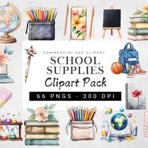 Aquarell Schulbedarf Clipart Bundle, Notebook Illustrationen, Floral Buch Bleistift Png, Zurück in der Schule PNG, Bildung Png, Lehr Png
