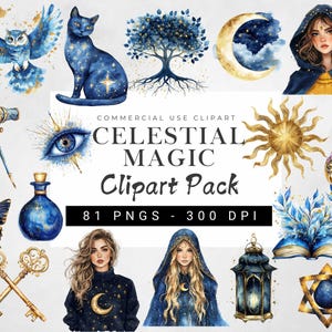 Könnte beinhalten: Ein digitales Clipart-Paket mit 81 Illustrationen zum Thema himmlische Magie. Die Bilder beinhalten eine blaue Eule, eine schwarze Katze, einen Baum mit Wurzeln, einen Halbmond, eine Sonne, ein blaues Auge, eine Flasche mit einem Korken, einen Schmetterling, zwei Schlüssel, eine Frau mit langen blonden Haaren, die einen blauen Pullover trägt, eine Frau mit langen blonden Haaren, die einen blauen Kapuzenmantel trägt, eine Laterne, ein Buch mit blauen Seiten, einen Davidstern und einen Ring mit einem blauen Edelstein.