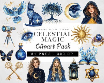 Watercolor Celestial Magic Clipart Bundle | Mystical Moon Girl PNG | Wizard Sun Moon Fantasy Clipart