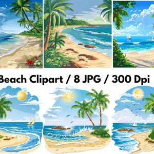 Aquarell Tropischer Strand Clipart Bundle | Palmen & Meerblick JPGs | Sommer Küstenlandschaft Digitale Kunst für Handwerk Und Journals