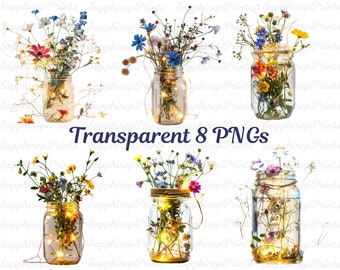 Mason Jar Clipart, Mason Jar Floral Clipart, Wildflower Bouquets Summer Wedding PNGs, Flowers in a jar Png, Wildflower Clipart