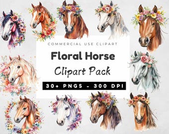 Watercolor Floral Horses Collection Clipart, Horse Clipart, Horse PNG, Card Making, Wall Art, Horse Head Png. Horse lover Png