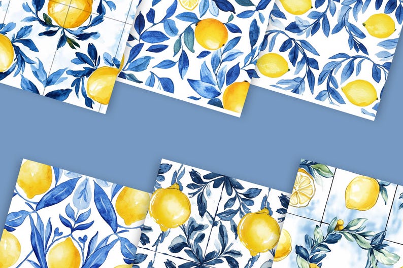 May include: A set of six square tiles with a white background and a repeating pattern of blue leaves and yellow lemons. The tiles are perfect for creating a unique and stylish accent wall in any room.