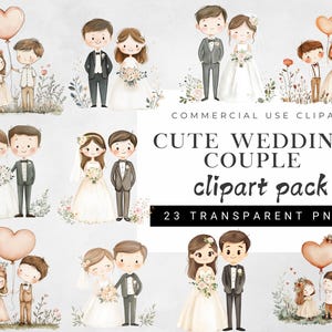 Conjunto de clipart fofo de casal de noivos | Ilustrações de noivos, PNGs de casais apaixonados, imprimíveis românticos para scrapbooking e artesanato