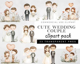 May include: Watercolor illustrations of cute wedding couples in various poses. The images feature cartoon-style brides in white dresses and grooms in suits. Some couples hold bouquets or balloons. Text reads "Cute Wedding Couple Clipart Pack, 23 Transparent PNGs."