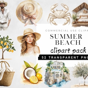 Aquarel zeebries clipartset, kustvakantie png's, neutrale strandsfeer, zomermodekunst, op de oceaan geïnspireerde illustraties