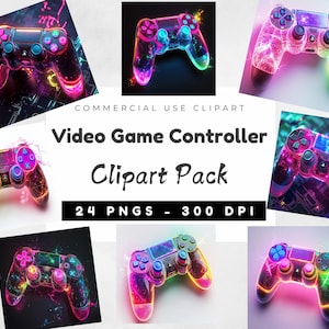 May include: A set of 24 digital clipart images of a video game controller in various neon colours. The controller is a PlayStation 4 style controller. The images are 300 DPI.