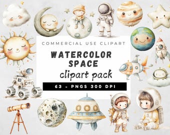 Watercolor Space Clipart Png, Space Invitation Clipart, Nursery Clipart, Moon Clipart, Planet Cipart, Astronaut Clipart, Rocket Clipart