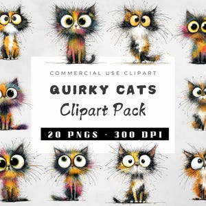 Funny Frazzled Cat Clipart Bundle, Watercolor Cat PNGs, Quirky Pet Illustrations for Scrapbooking, Junk Journals, Crafts, Digital Download