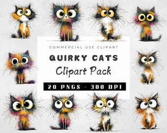 Funny Frazzled Cat clipartbundel, aquarel kat png's, eigenzinnige huisdier illustraties voor scrapbooking, ongewenste tijdschriften, ambachten, digitale download