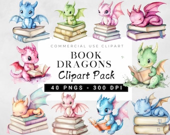 Watercolor Book Dragons Clipart Bundle, Cute Bookish Dragon PNG, Dragon Rider Clipart, Cute Fantasy Dragon PNG, Magical Fairytale clipart
