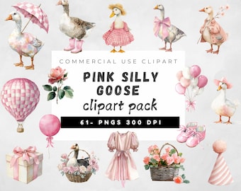 Clipart de ganso de acuarela, ganso rosa tonto PNG, decoración bohemia para baby shower y guardería, clip art digital para cumpleaños de bebé