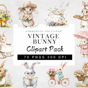 May include: A digital clipart pack featuring vintage bunny illustrations. The illustrations include bunnies wearing hats, holding flowers, riding bikes, and baking. The clipart is perfect for adding a touch of whimsy to your projects.