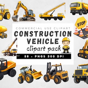Pacote de clipart de veículos de construção, escavadeira, caminhão basculante, escavadeira, guindaste para decoração de aniversário infantil, temas de berçário e scrapbooking