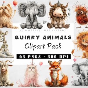 Bundle de cliparts animaux insolites aquarelle, bébés animaux idiots PNG, clipart animaux fous, illustration graphique idiot, PNG haute résolution